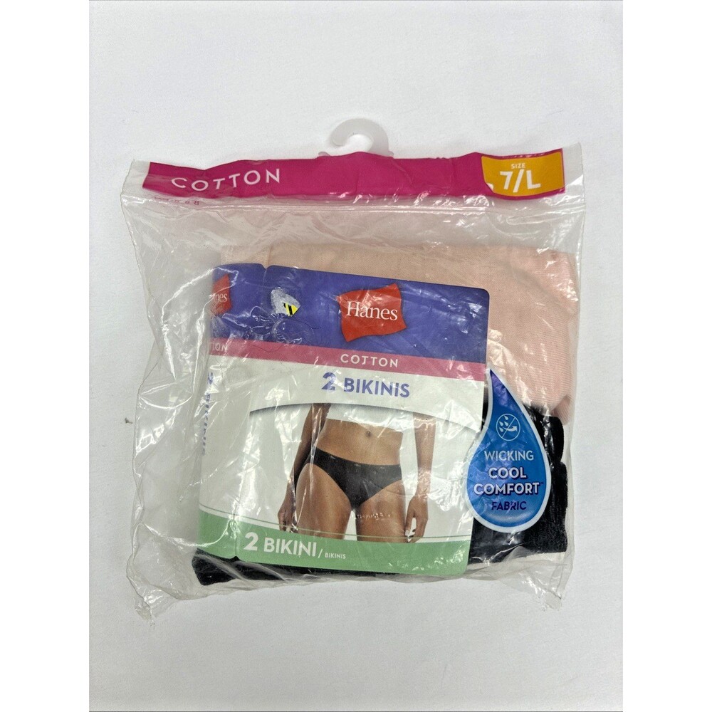 Hanes 2-Pair Cotton Bikini Underwear Panties Womens Sz 7 Large Pink Black Modest